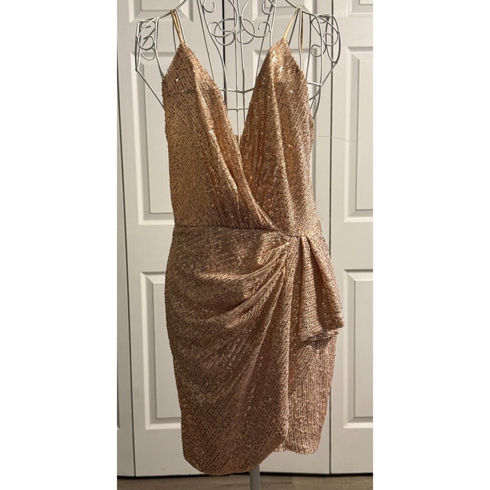 Double Crazy Size M Gold Spaghetti Strap Ruched Side Wrap Hem Sequin Dress NWOT